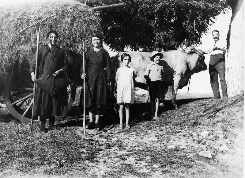 Famille Biron devant paire de bovidés (parelh) attelés et char (carri), au Cayla, 1930