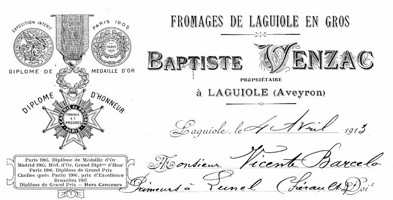 Entête de facture Baptiste Venzac, fromages de Laguiole en gros, 4 avril 1913