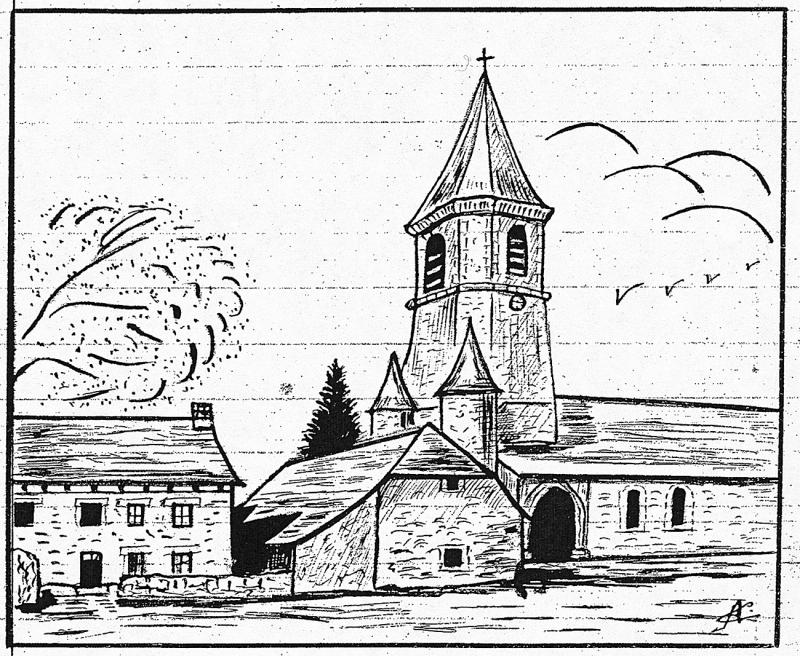 Dessin du presbytère (caminada) et de l'église (glèisa)