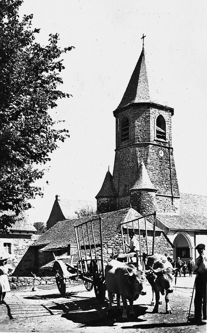Homme devant paire de bovidés (parelh) et char-cage ou à claies (carri de cledas) devant l'église (glèisa)
