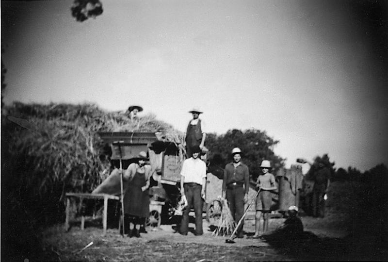 Temps de pause durant dépiquage (escodre) mécanisé à la batteuse (batusa), à Parolhes, 1948
