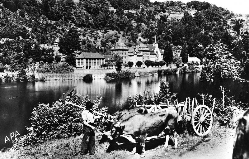 Homme guidant une paire de bovidés (parelh) et char (carri) devant retenue d'eau, à Laussac