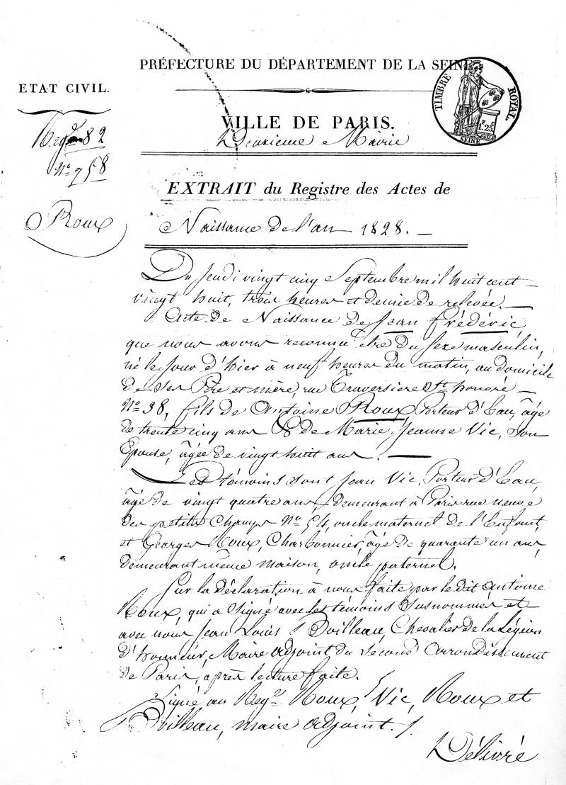 Acte de naissance de Jean Frédéric Roux, à Paris (75), 25 septembre 1828