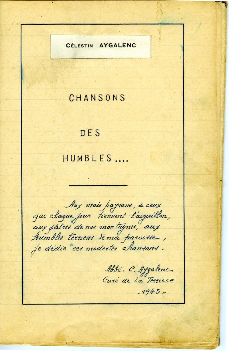 Page manuscrite “Chansons des humbles” du cahier de chants de Célestin Aygalenq, 1943