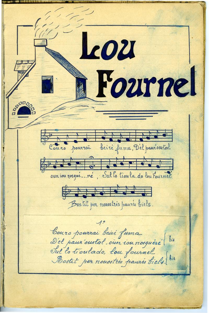 Dessin, paroles et partition manuscrites “Lou fournel” [Lo fornèl] du cahier de chants de Célestin Aygalenq, 1943