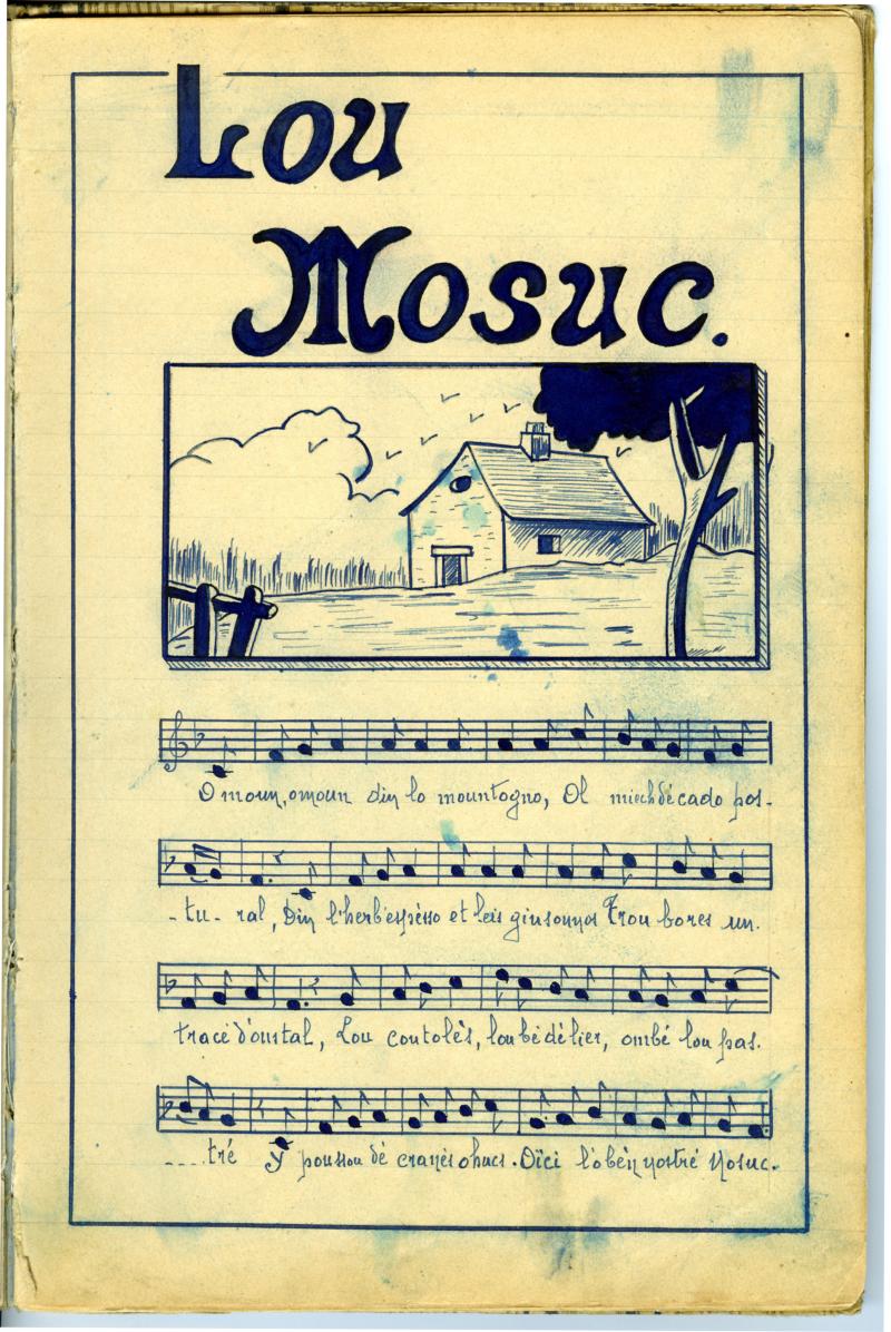 Dessin, paroles et partition manuscrites “Lou mosuc” [Lo masuc] du cahier de chants de Célestin Aygalenq, 1943