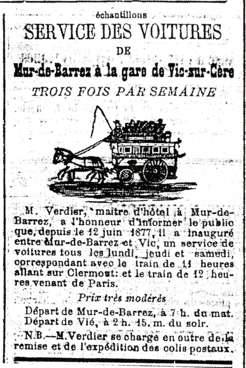 Publicité pour service des voitures de Mur-de-Barrez à la gare de Vic-sur-Cère, 12 juin 1877
