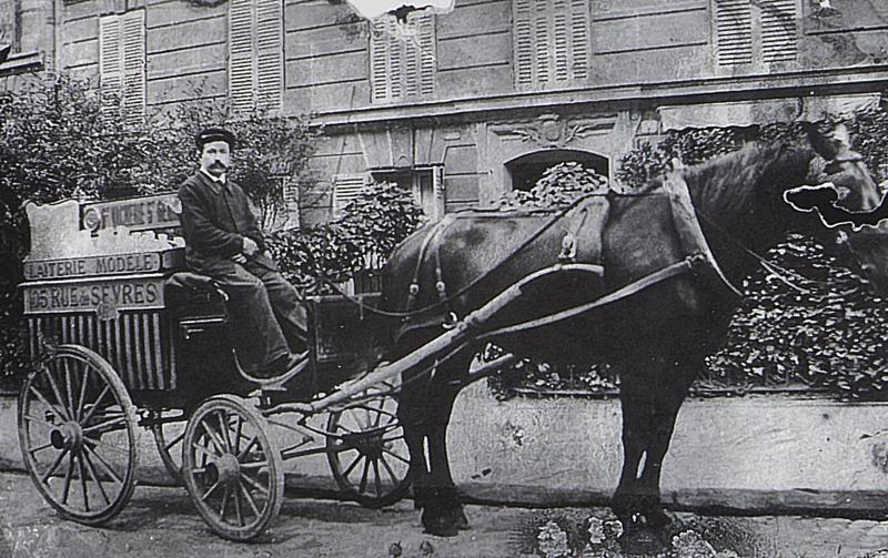 Livreur de lait (lachaire) et équidé attelé, 105 rue de Sèvres, à Paris (75), 1910