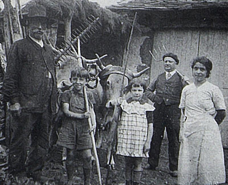 Famille devant porte d'entrée de grange, paire de bovidés (parelh), 1935-1940