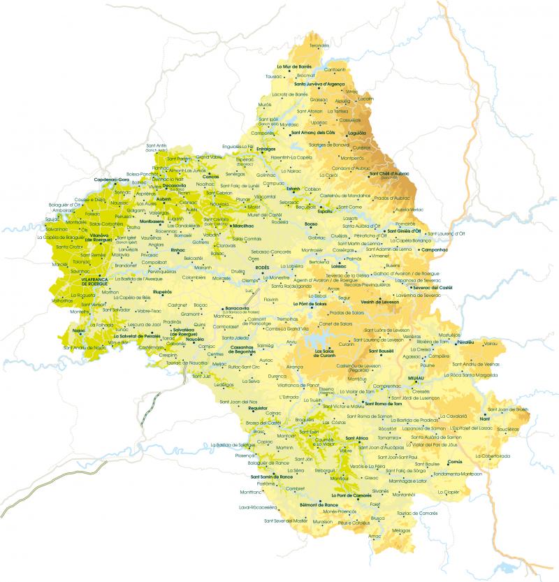 Carte des noms occitans des communes de l'Aveyron