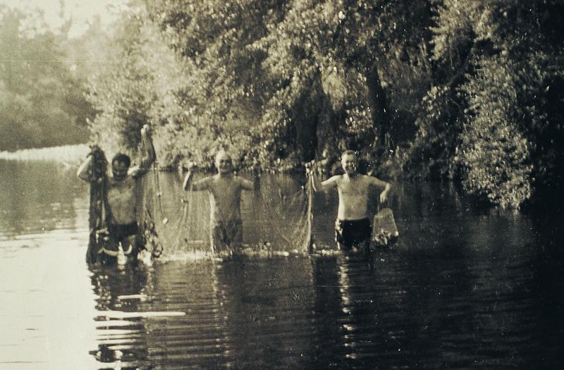 Trois hommes dans l'eau relevant un filet (fialat, vertuèlh), juillet 1964