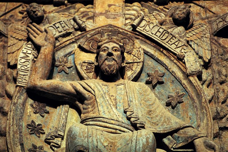 Le Christ Juge au centre du tympan du Jugement dernier du début XIIe siècle, mai 1993