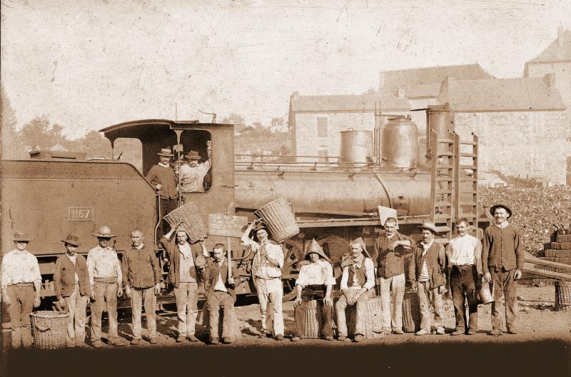 Cheminots posant devant une locomotive à vapeur