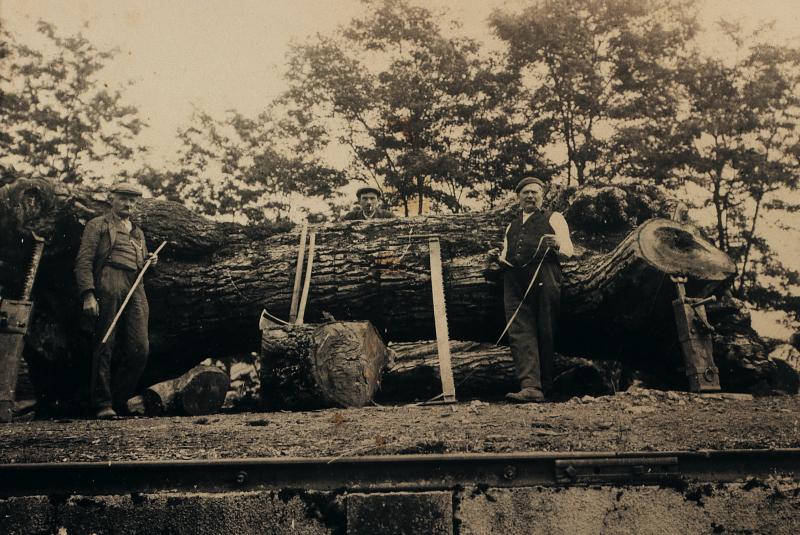Temps de pause durant le débitage manuel (ressatge) d''un tronc de noyer (noguièr), à La Prade, 1930