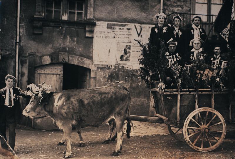 Paire de bovidés (parelh) attelés à un char (carri) décoré et conscrits avec accordéoniste (acordeonista), 1913