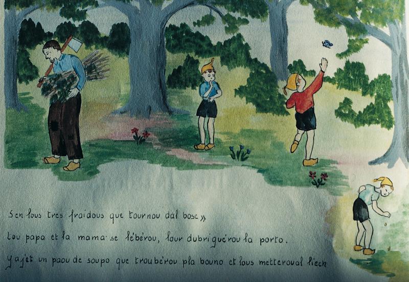 Illustration en couleurs du conte du Petit Poucet (Los tres frairons, Los enfants perduts) en occitan dans le Livre d'or de Quins