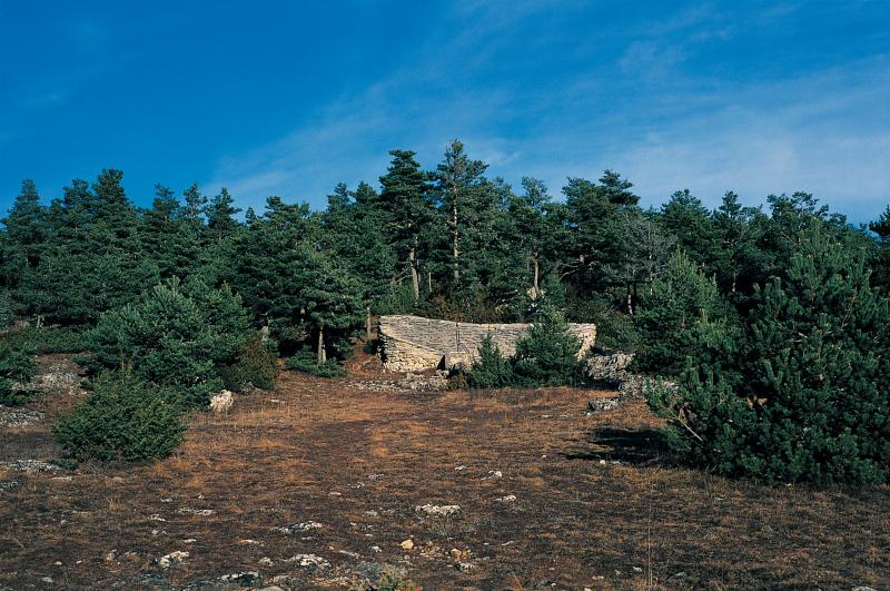 Toit (teulada) incurvé de puits-citerne (potz-cistèrna) et auge (nauc) en pierre, sur le Causse noir (secteur de Peyreleau), décembre 1998 et octobre 1999