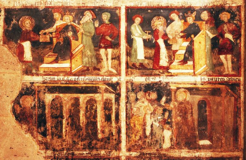 Peintures (pintraduras) murales du XVe siècle de la cathédrale représentant des scènes de la vie de saint Eloi (sant Alòi) avec inscriptions en occitan, janvier 1992