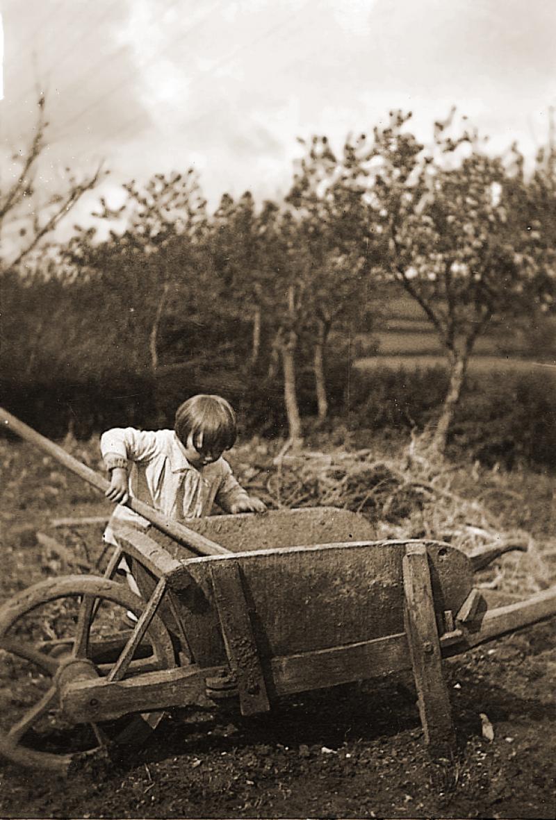 Jeune enfant (dròlle, enfant) et brouette (carriòla) en bois dans un verger (verdièr), à Puech Rouget, 1934