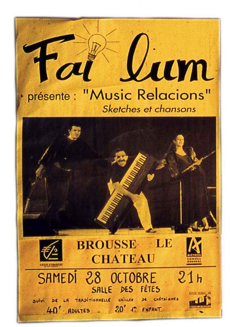 Tract imprimé en français et en occitan pour le spectacle “Music relacions” du groupe Faï lum, samedi 28 octobre 1988