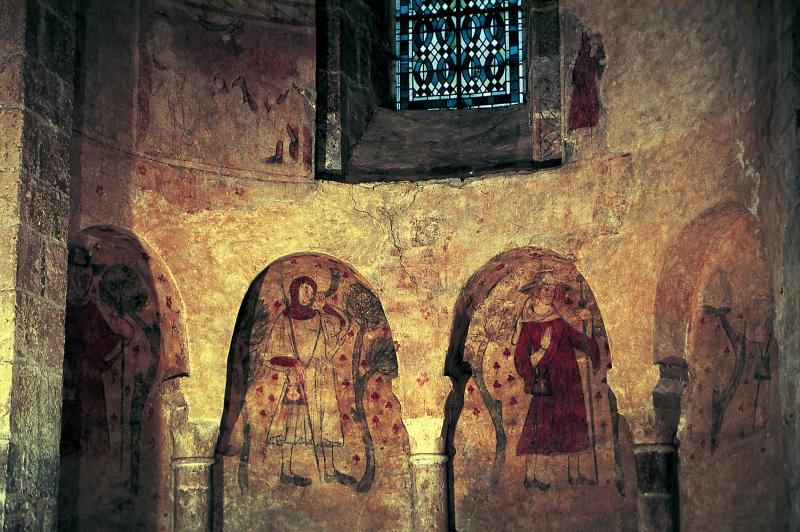  Fresque du début du XIVe siècle représentant des pèlerins de Saint-Jacques de Compostelle (romius de Sant-Jacme), janvier 1995
