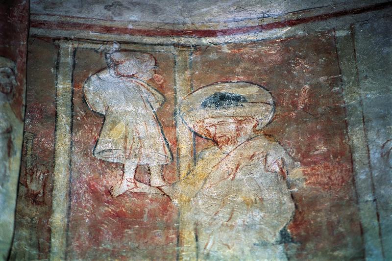 Fresque du début du XIVe siècle représentant le miracle du pendu dépendu (penjat despenjat), janvier 1995