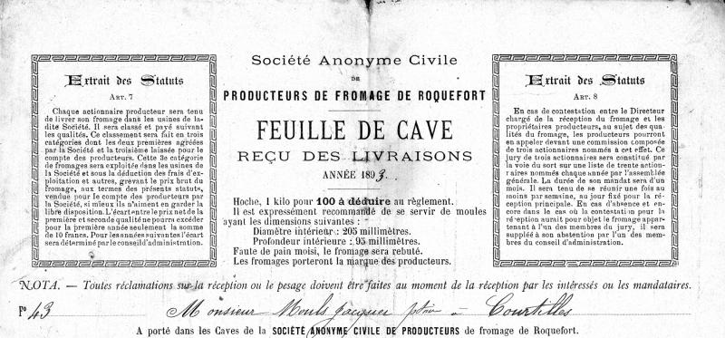 Entête de feuille de cave recu des livraisons de fromages de roquefort de Jacques Mouls, à Courtilles, 1893