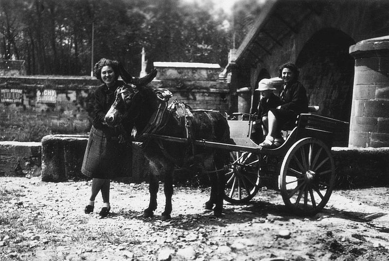 ​Temps de pause sous un pont durant le charroi (carreg) de personnes avec un âne (ase), 1942