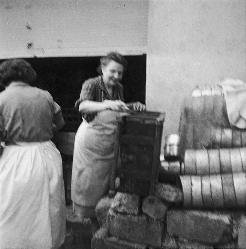  Femme lavant une caisse de transport (gaget) de pains frais de roquefort et moules (faissèlas) à fromage, aux caves Vernières, 1961-1962