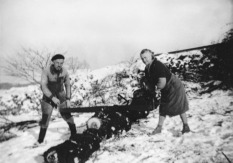 ​Couple dans la neige (nèu) sciant du bois de chauffage (lenha) avec une scie passe-partout (tòrra), hiver 1959