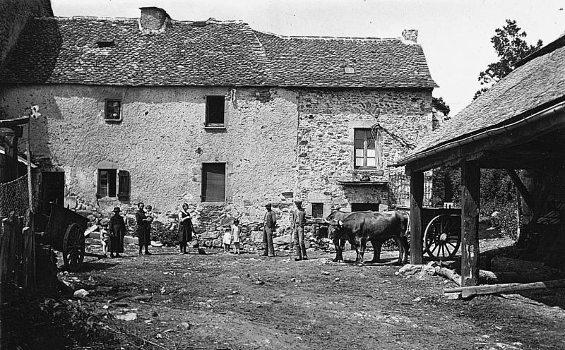 Famille dans la cour de la ferme (bòria) et paire de bovidés (parelh) attelée à un char (carri), à La Penderie, juin 1930