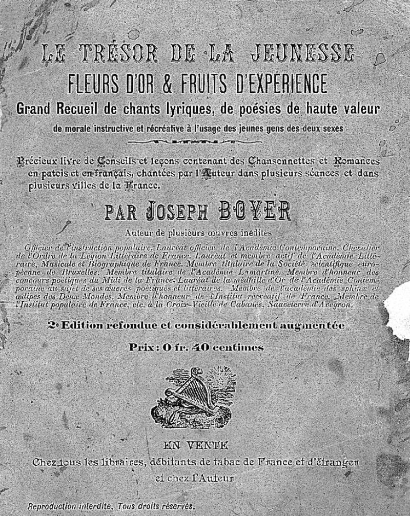 Première de couverture de LE TRÉSOR DE LA JEUNESSE, FLEURS D'OR & FRUITS D'EXPÉRIENCE…, par Joseph BOYER