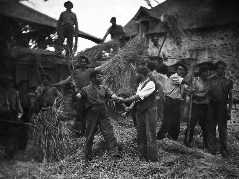 Temps de pause durant dépiquage (escodre) mécanisé à la batteuse (batusa), deux hommes cherchant la bagarre, à La Planque, 1946-1947