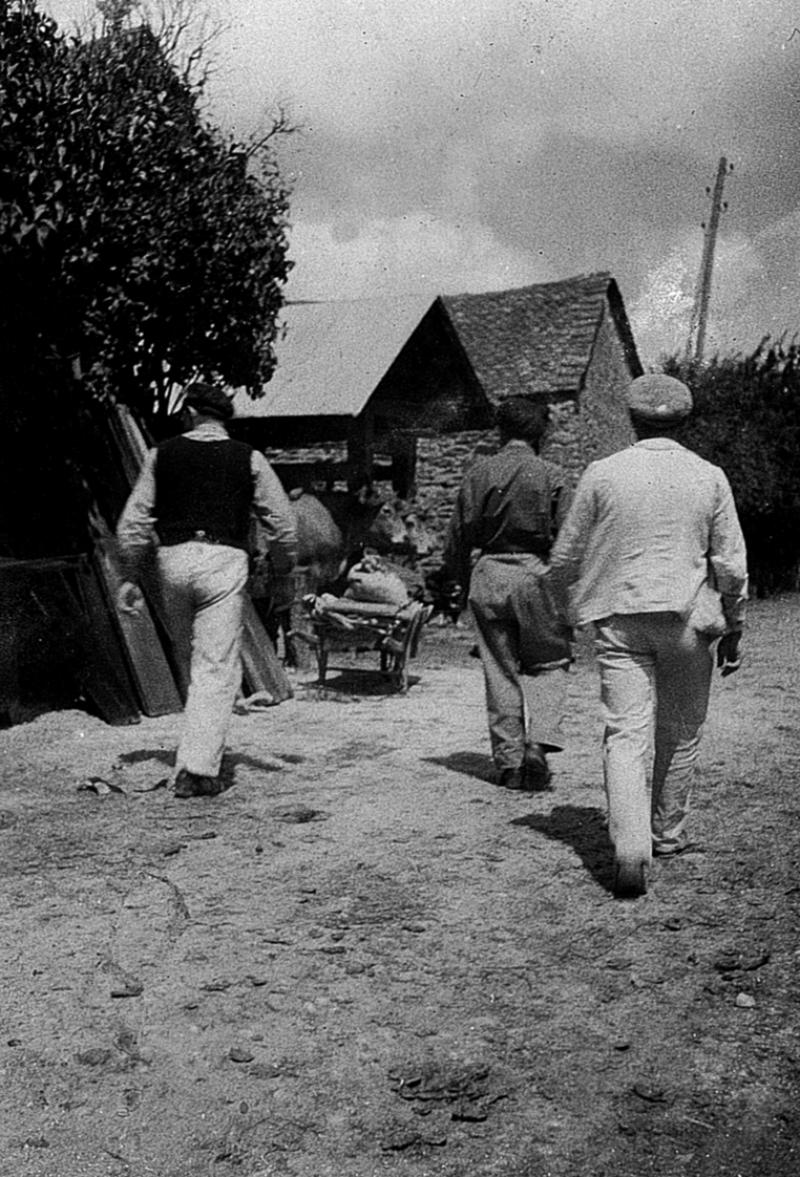 Ouvrier plâtrier et hommes de dos, brouette (carriòl), paire de bovidés (parelh) devant un travail à ferrer (congrelh, trabalh), 1946-1947