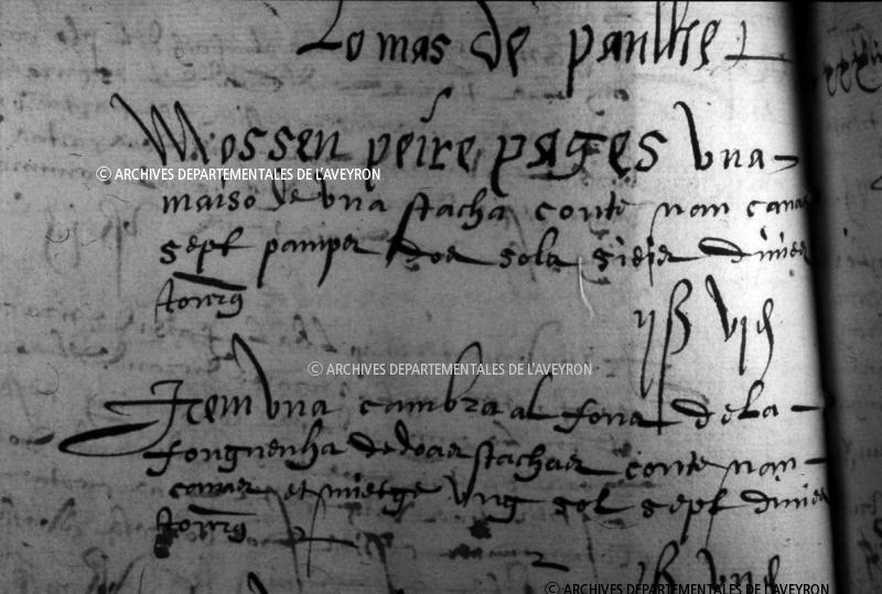 Extrait en occitan du compte de Peire Pagès, du mas de Paulhe, du cadastre ou compois (compés) de Dours, 1606